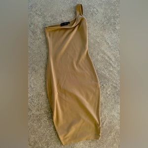 PLT one shoulder tan, fitted summer dress!